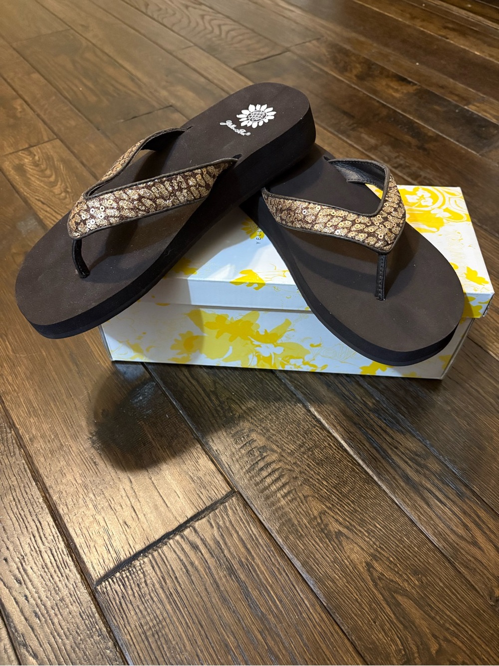 Yellow Box Brown Platform Flip Flop Sandals with Bronze Embellished Straps - Picture 4 of 4